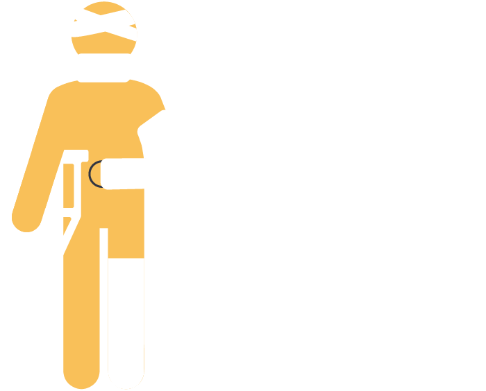 Text that reads "What They Claimed" next to a figure with a head bandage, neck brace, crutch, arm cast, and leg cast